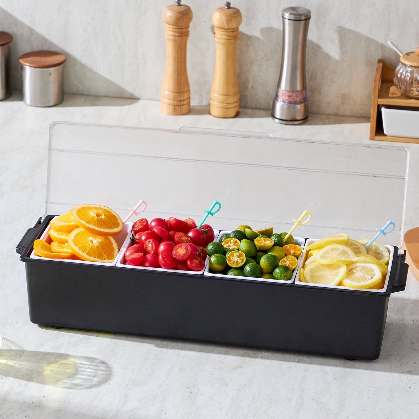 Chilled 4-Compartment Condiment Server Tray with Lid - Black
