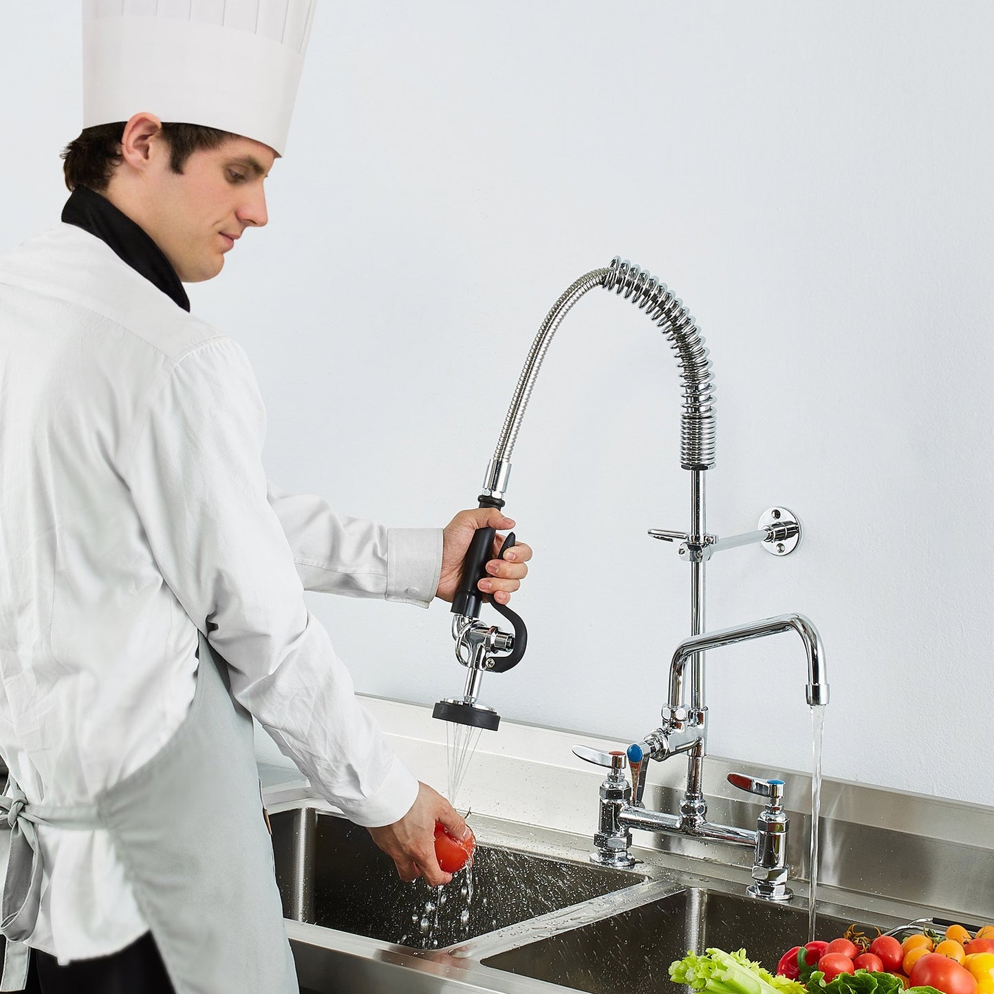Deck-Mounted Commercial Kitchen Faucet with Pre-Rinse Sprayer