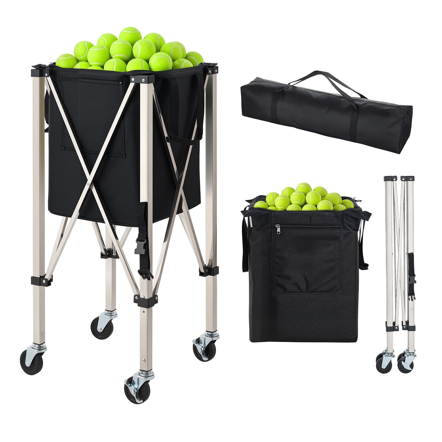 Tennis Ball Hopper with Wheels - Holds 200 Balls, Foldable Pickup Basket for Training