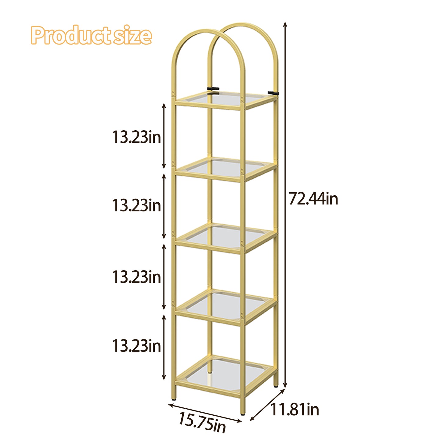 Gold 5-Tier Open Bookshelf - Modern Metal & Tempered Glass