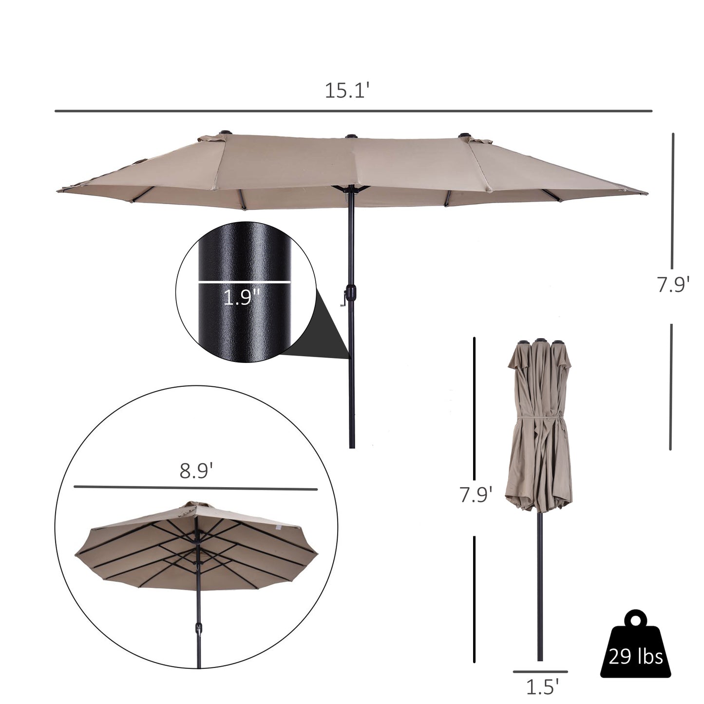 15ft Double-Sided Patio Umbrella with Crank Handle - Tan