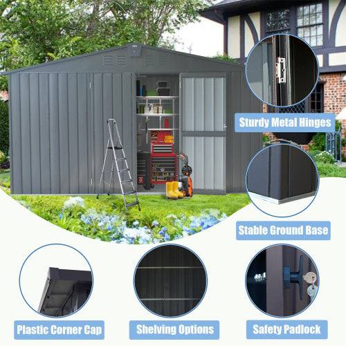 11x12.5 ft Outdoor Metal Garden Storage Shed with Windows and Lockable Door - Dark Gray