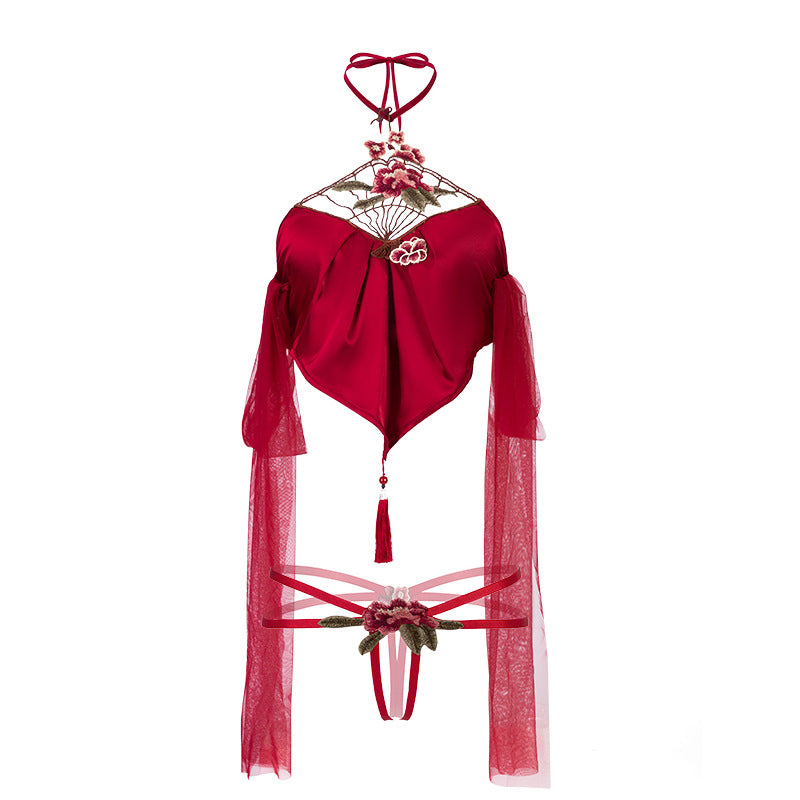 Women's Embroidered Halter Apron Uniform Set with Lace-Up Design