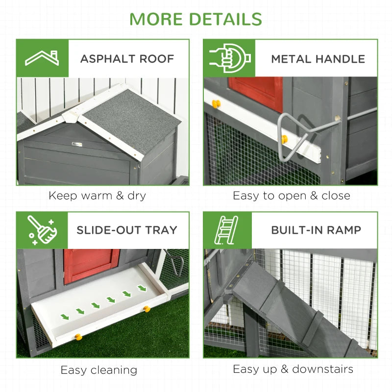 Large Wooden Chicken Coop with Asphalt Roof, Nesting Box & Run - Gray