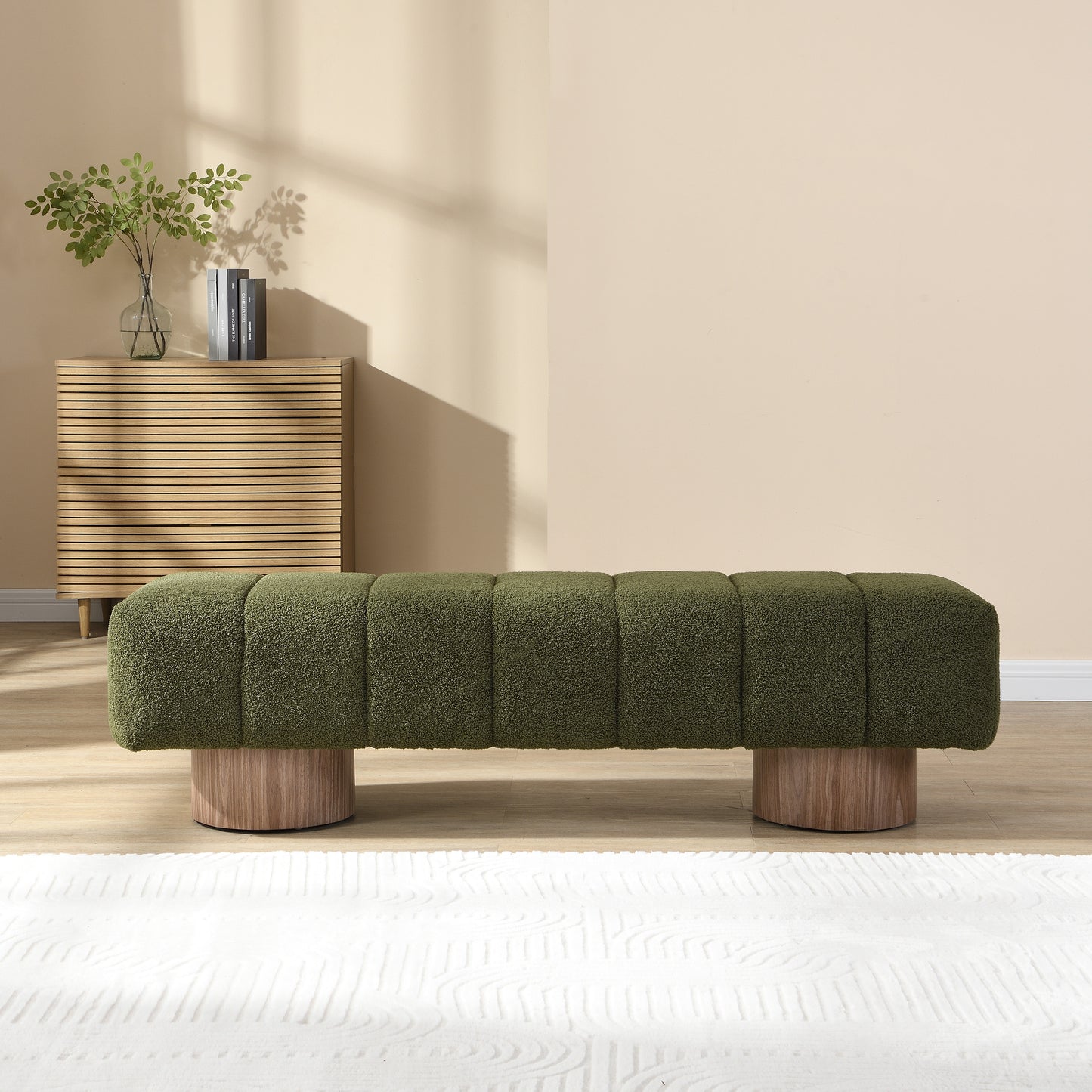 Upholstered Dining Bench - Green Boucle Fabric, No Assembly