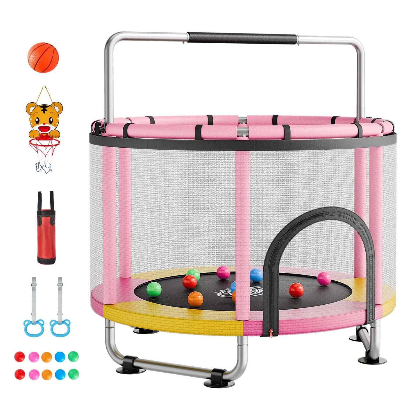 60 Inch Mini Trampoline for Kids - Indoor Outdoor Play with Enclosure Net & Gymnastics Bar