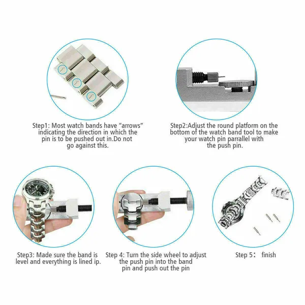Adjustable Watch Band Link Remover Tool Kit with Spare Pins - Silver