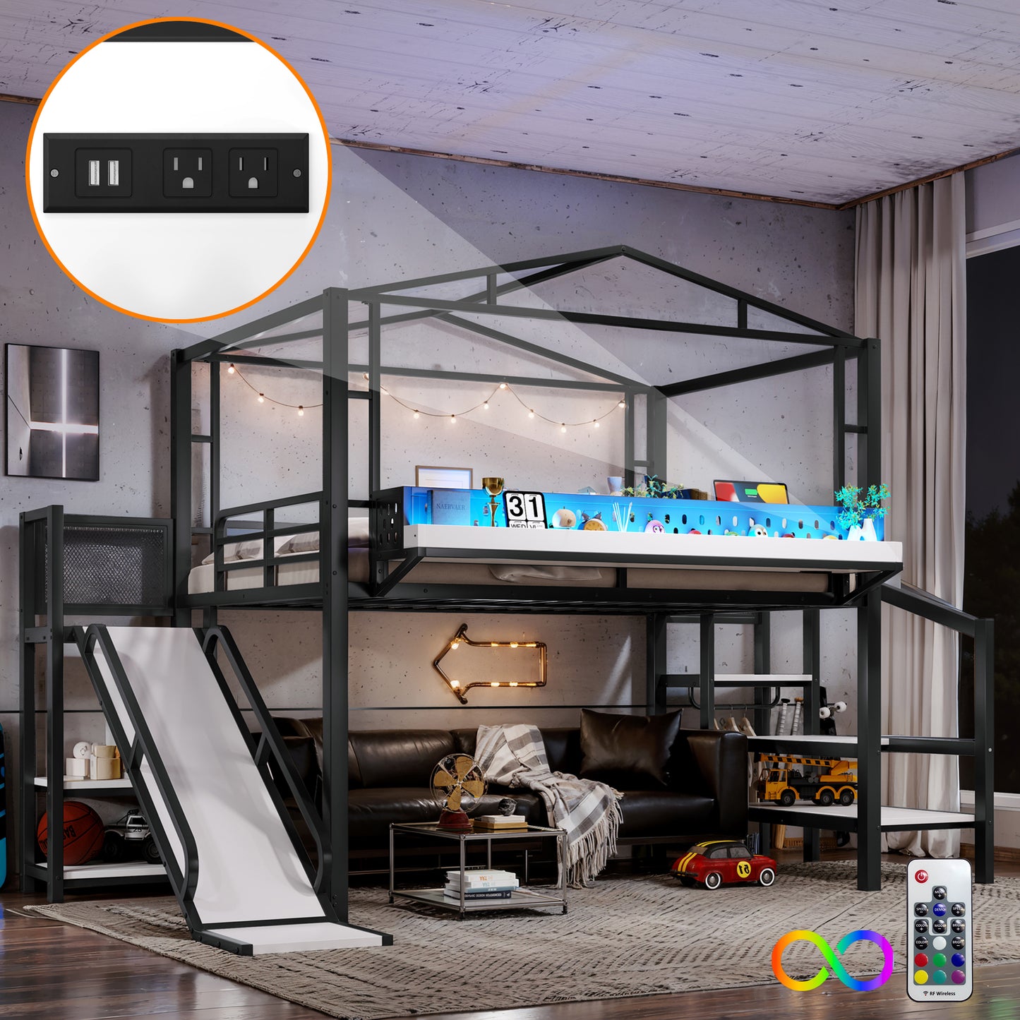 Full Size Metal Loft Bed with Storage Stairs, USB Ports & LED Lights - Black