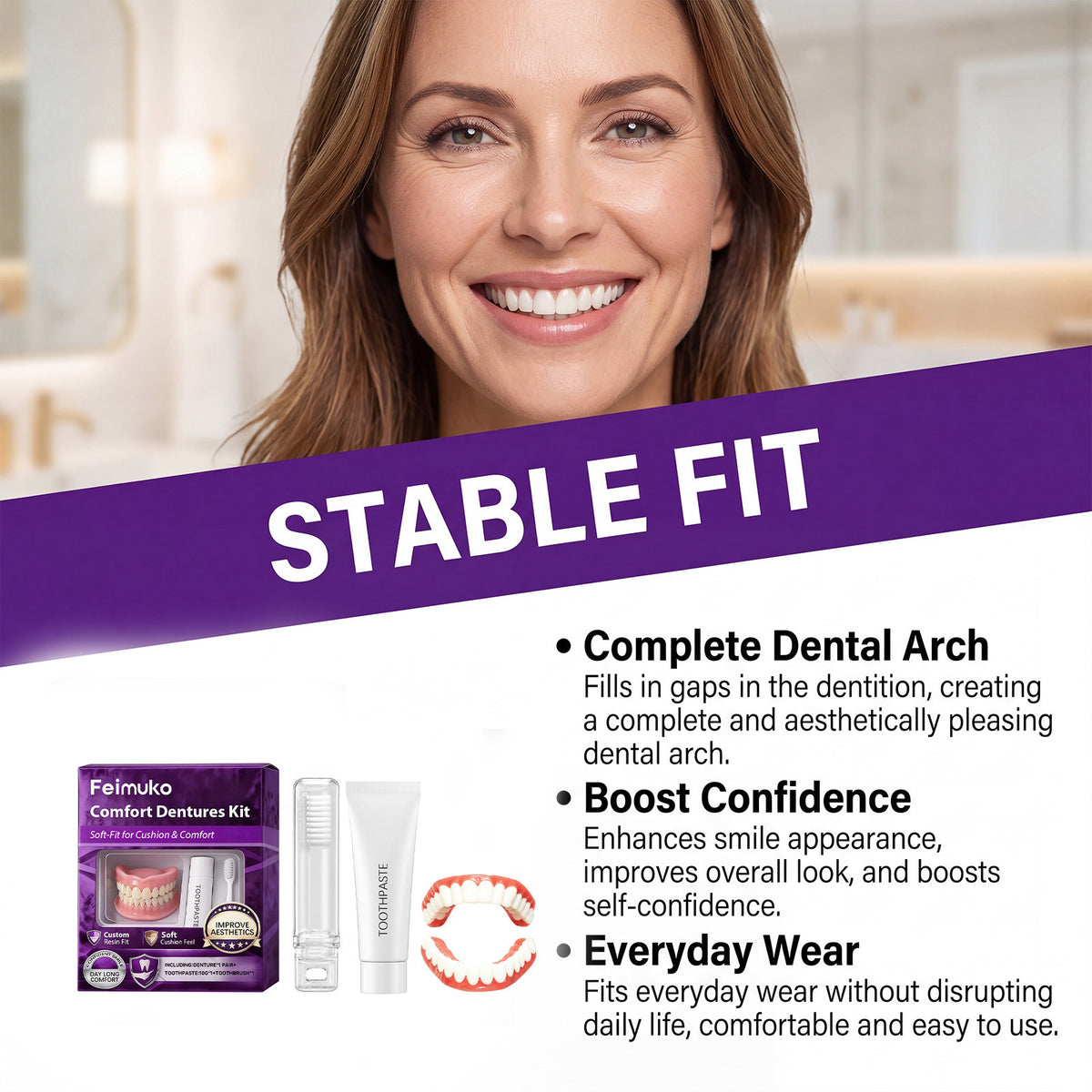Denture Care Kit with Toothpaste, Brush & Mouthguard
