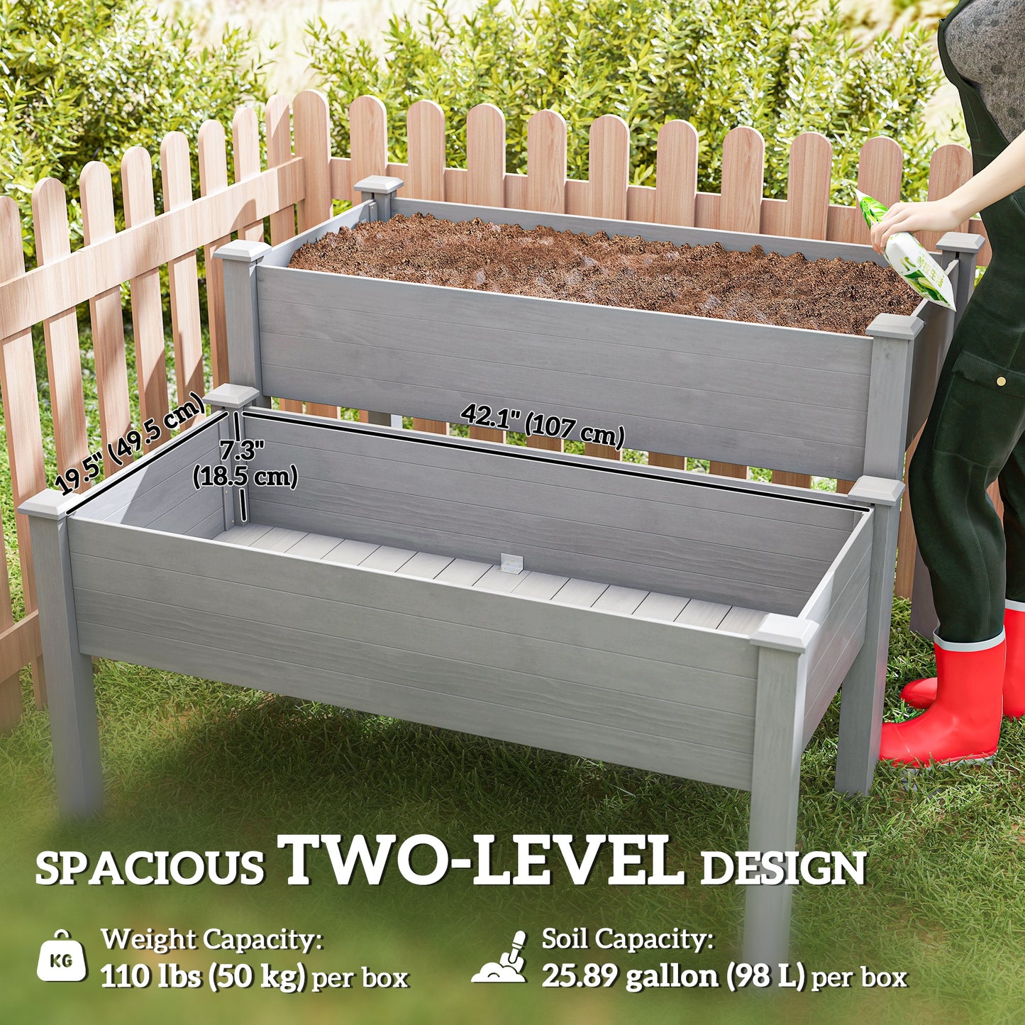 2-Tier Raised Garden Bed Planter Box with Legs - Outdoor Wooden Herb & Vegetable Bed, Gray