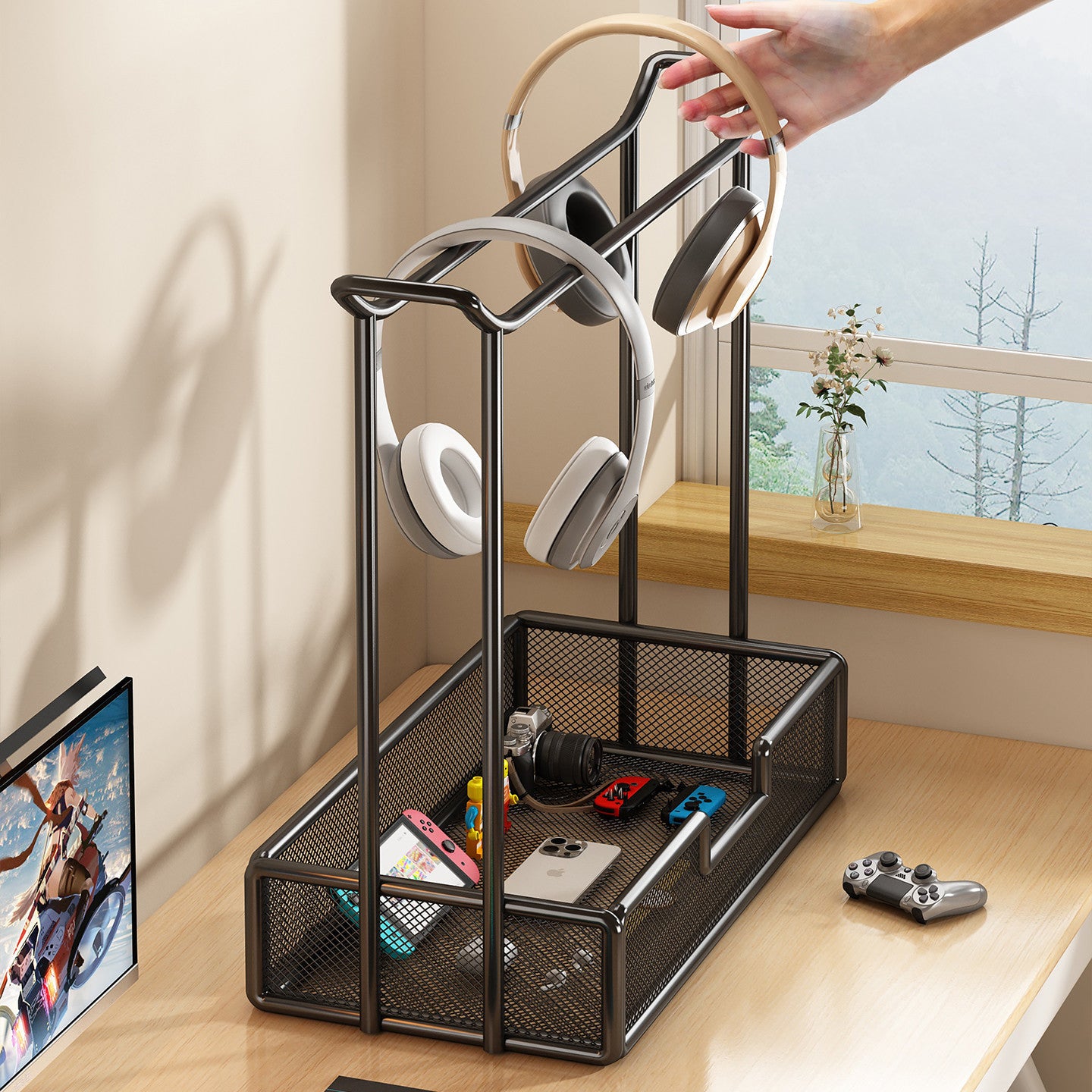 Over-Ear Headphone Stand with Multiple Tiers and Hooks - Modern Iron Storage Organizer