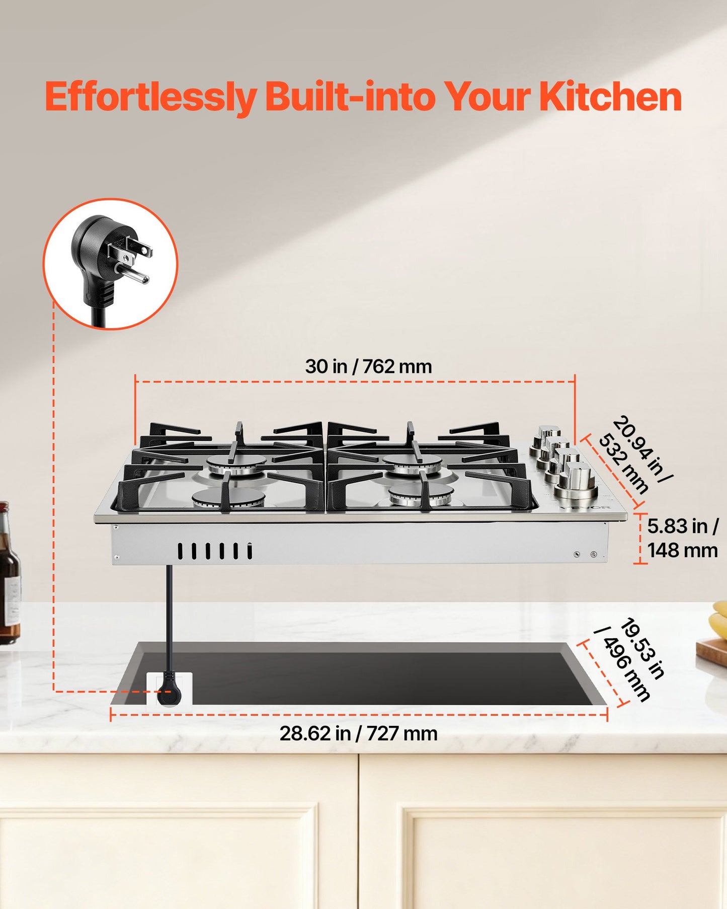 30 Inch Gas Cooktop with 4 Burners, 48,000 BTU, Stainless Steel, Dual Fuel Compatible