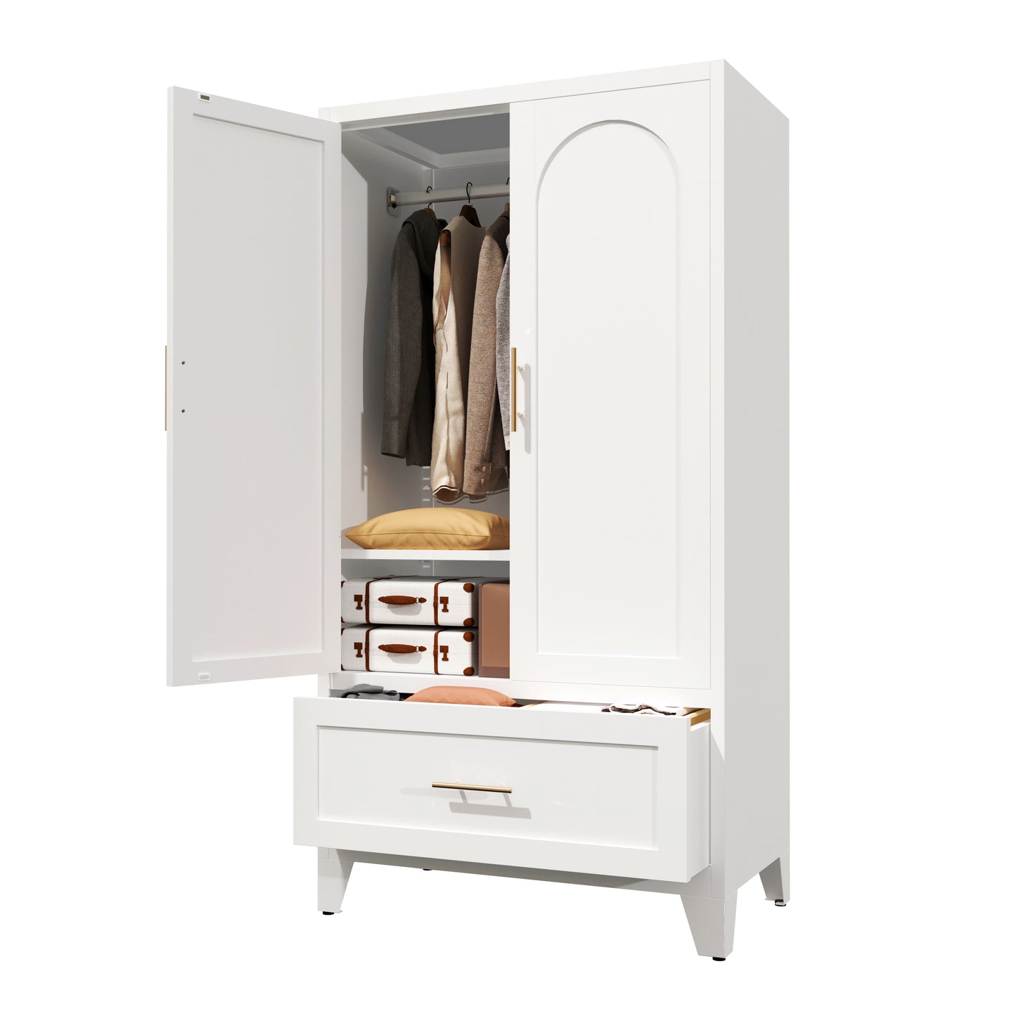 60-Inch Tall Metal Wardrobe Cabinet with Drawer & Shelf - White