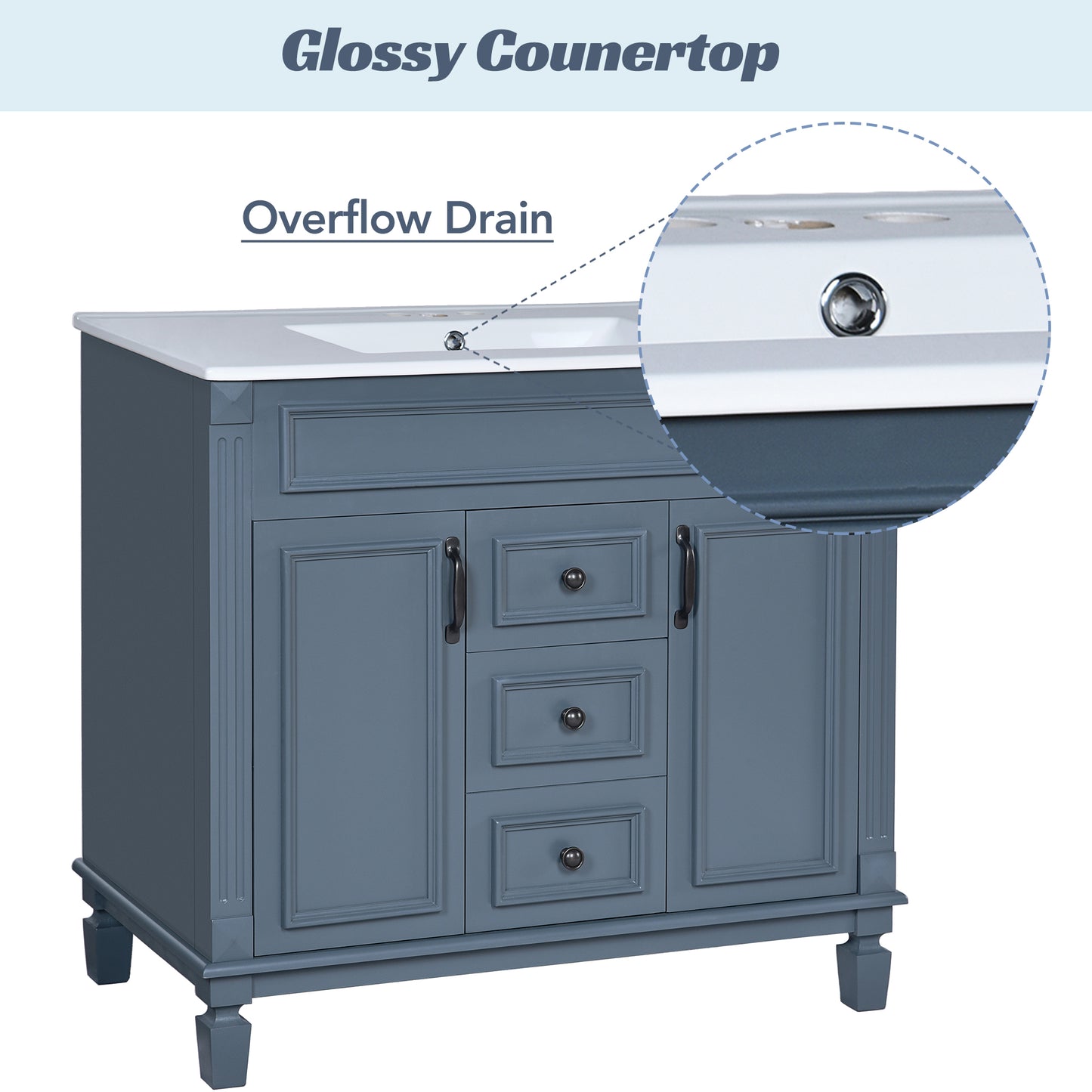 36-Inch Blue Bathroom Vanity with Top Sink & Soft Closing Doors
