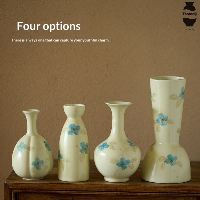 Hand-Painted Floral Ceramic Vase - Small Tabletop & Floor Decor - Blue Camellia Style