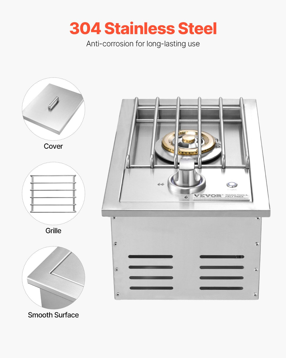 Outdoor Single Gas Side Burner 17,000BTU Propane & Natural Gas - Stainless Steel