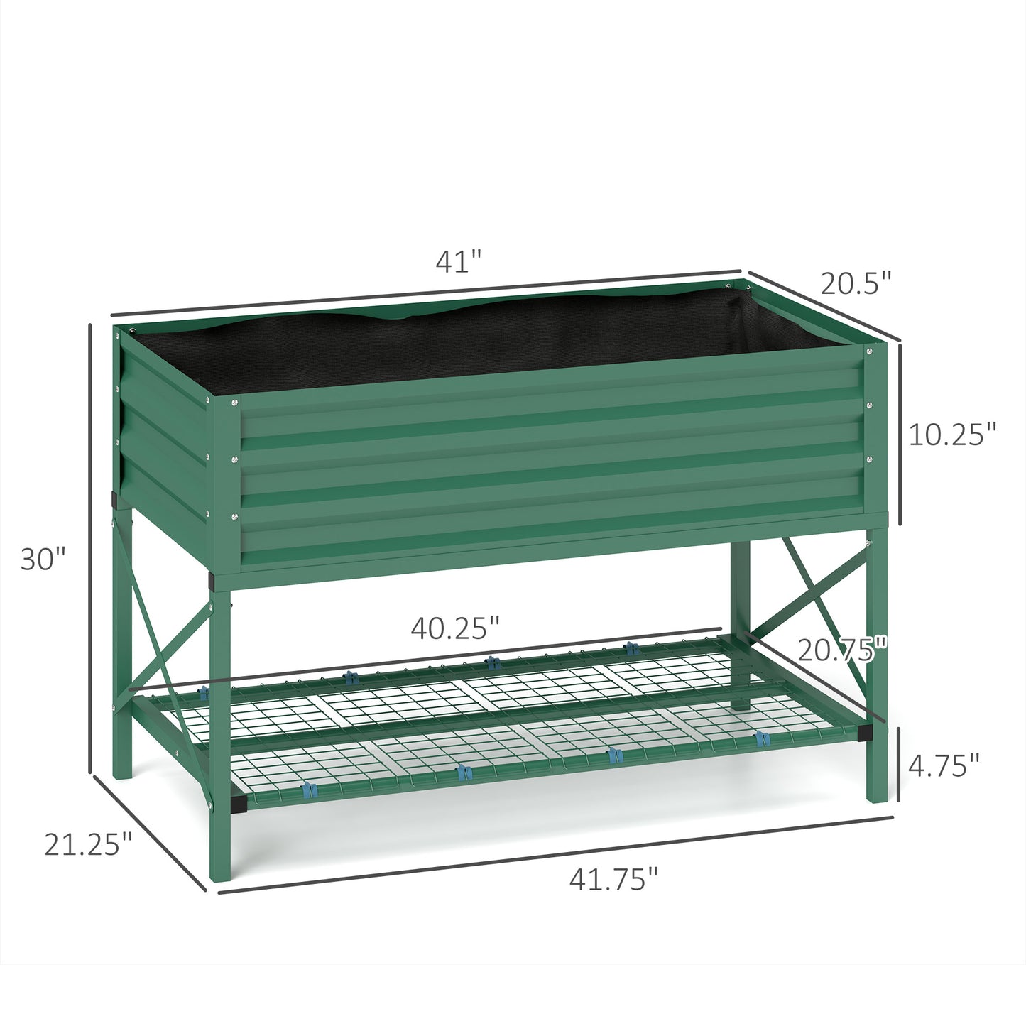 Galvanized Metal Raised Garden Bed with Legs and Storage Shelf - Green, 1180x360x95mm