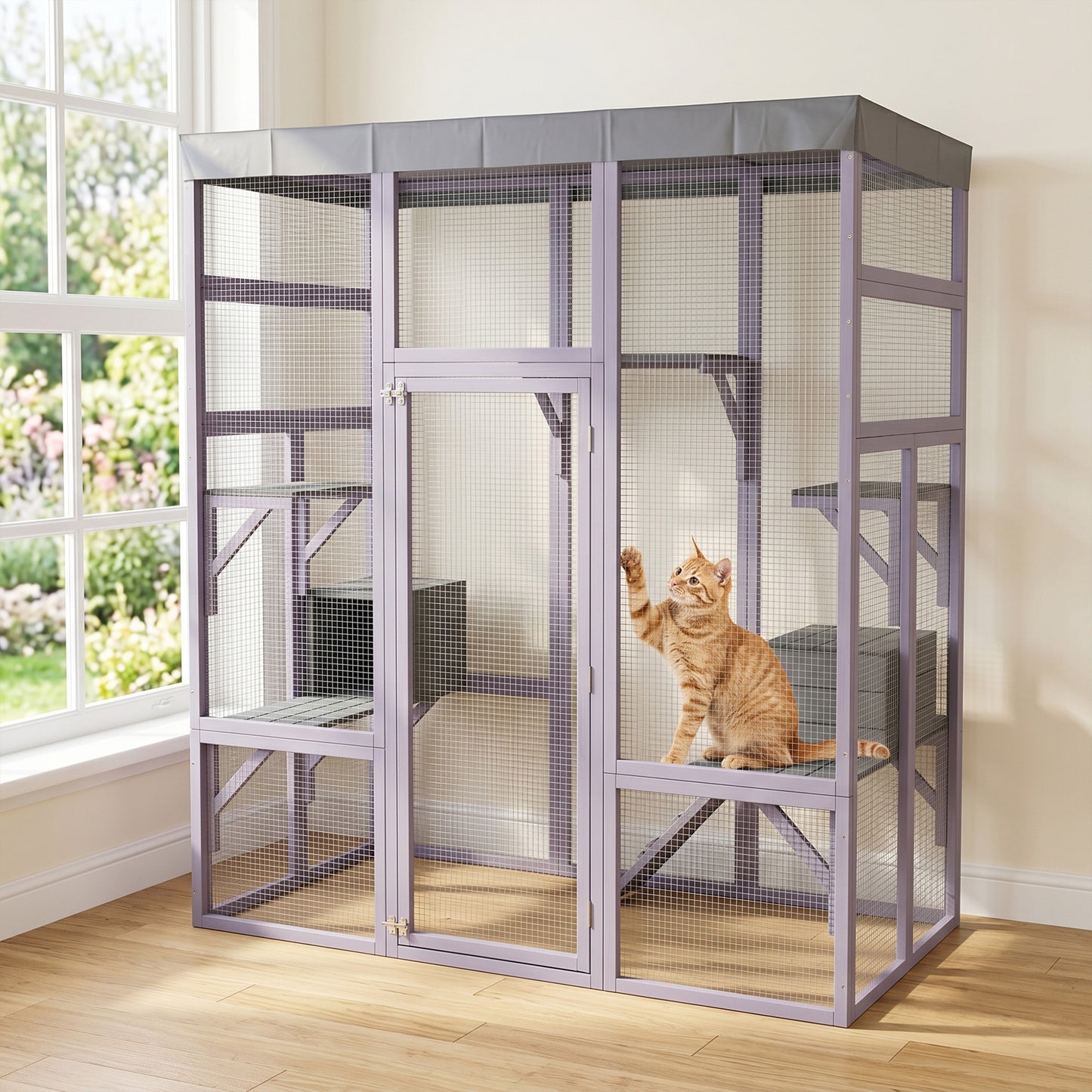 Outdoor Wooden Cat Enclosure with Waterproof Roof and Multiple Levels - Gray