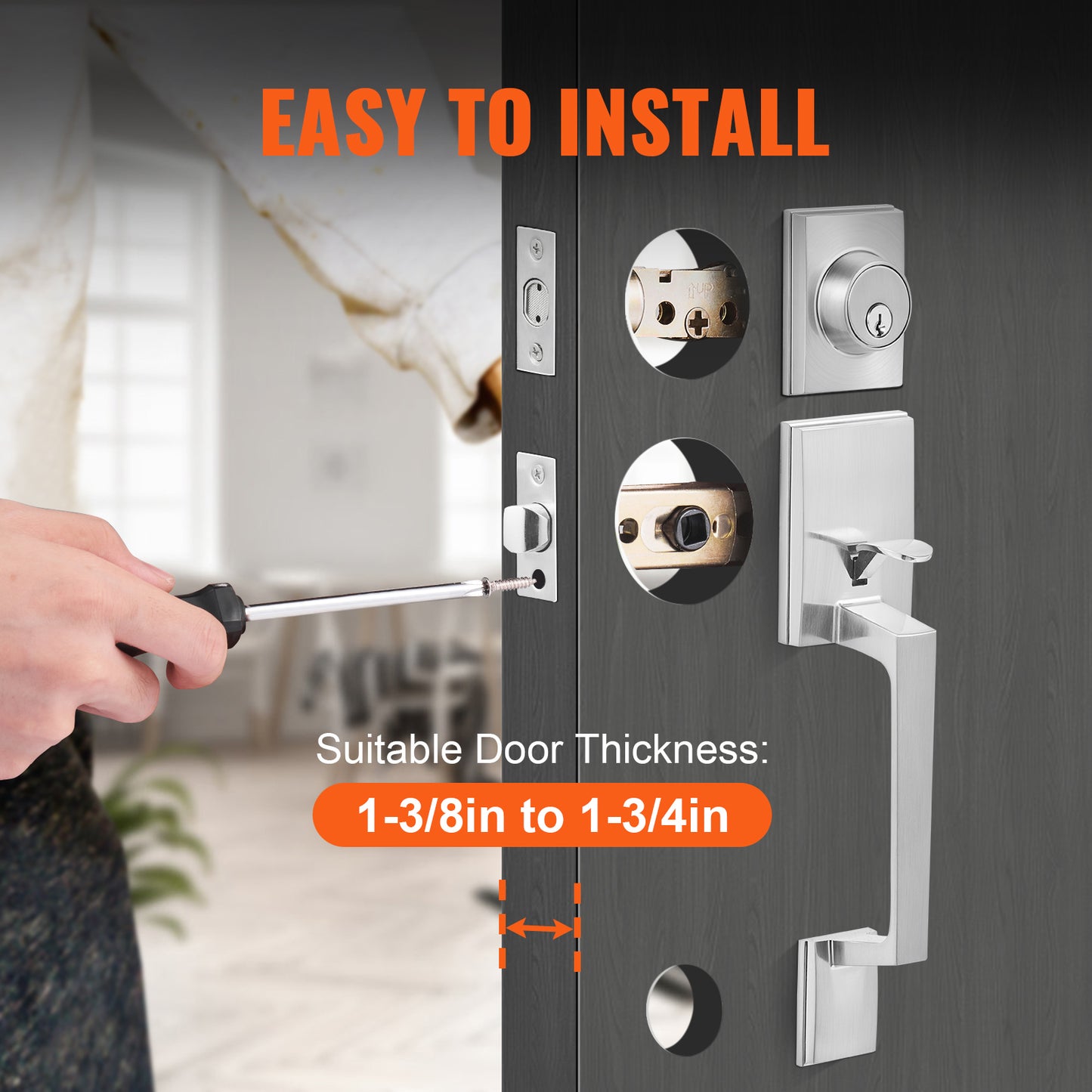 Front Door Handle and Deadbolt Set - Satin Nickel, Reversible, Single Cylinder