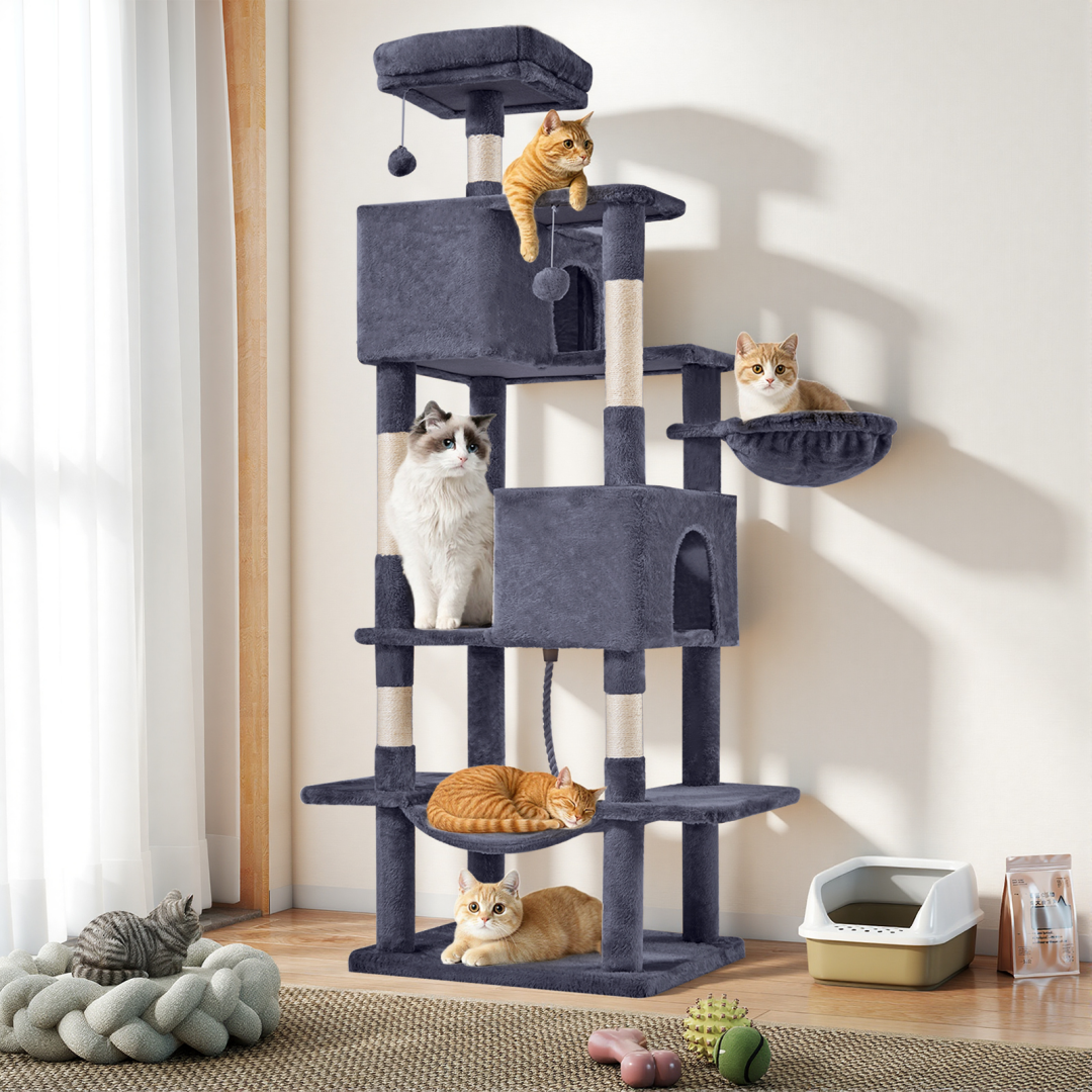Large 66 Inch Multi-Level Cat Tree Tower with Condos & Hammock - Indoor Pet Furniture