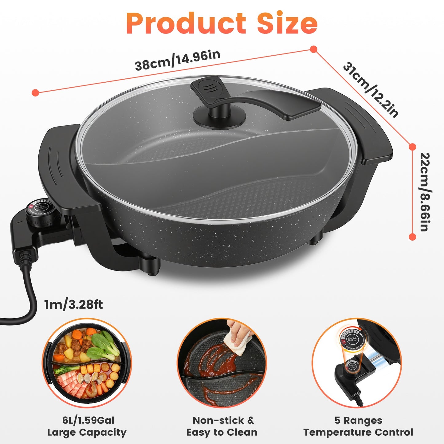 6L Electric Hot Pot with Divider, 1100W, 5-Temp Control, Non-Stick, Black