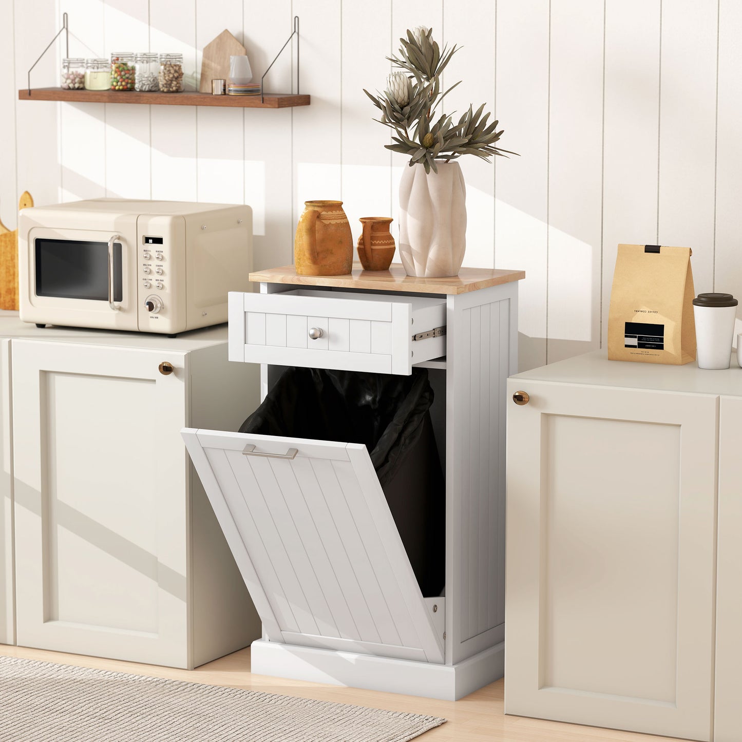 10 Gallon Tilt-Out Trash Cabinet with Storage Drawer - White