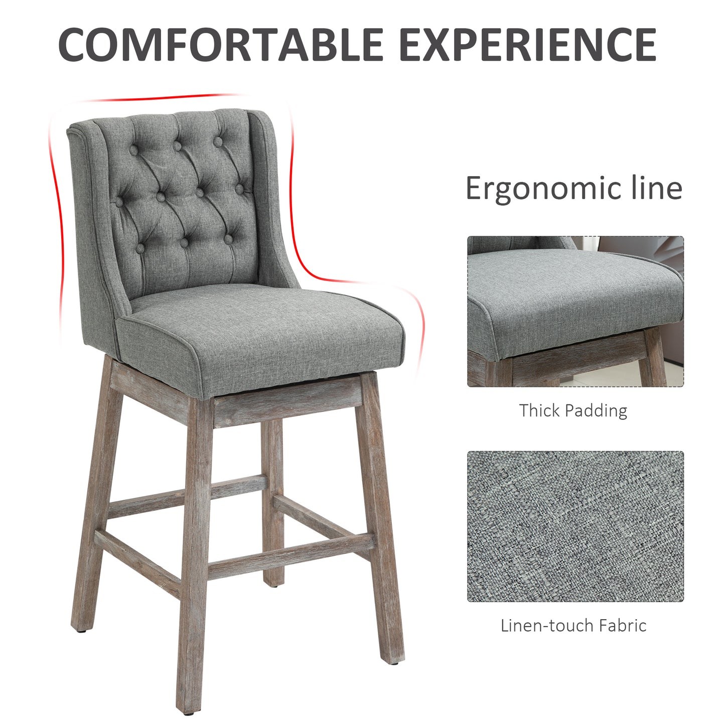 Bar Height Stools Set of 2, 180 Degree Swivel Barstools with Solid