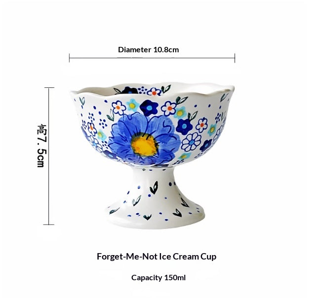 Hand-Painted Ceramic Ice Cream Cup - High-Stemmed, Forget-Me-Not Blue