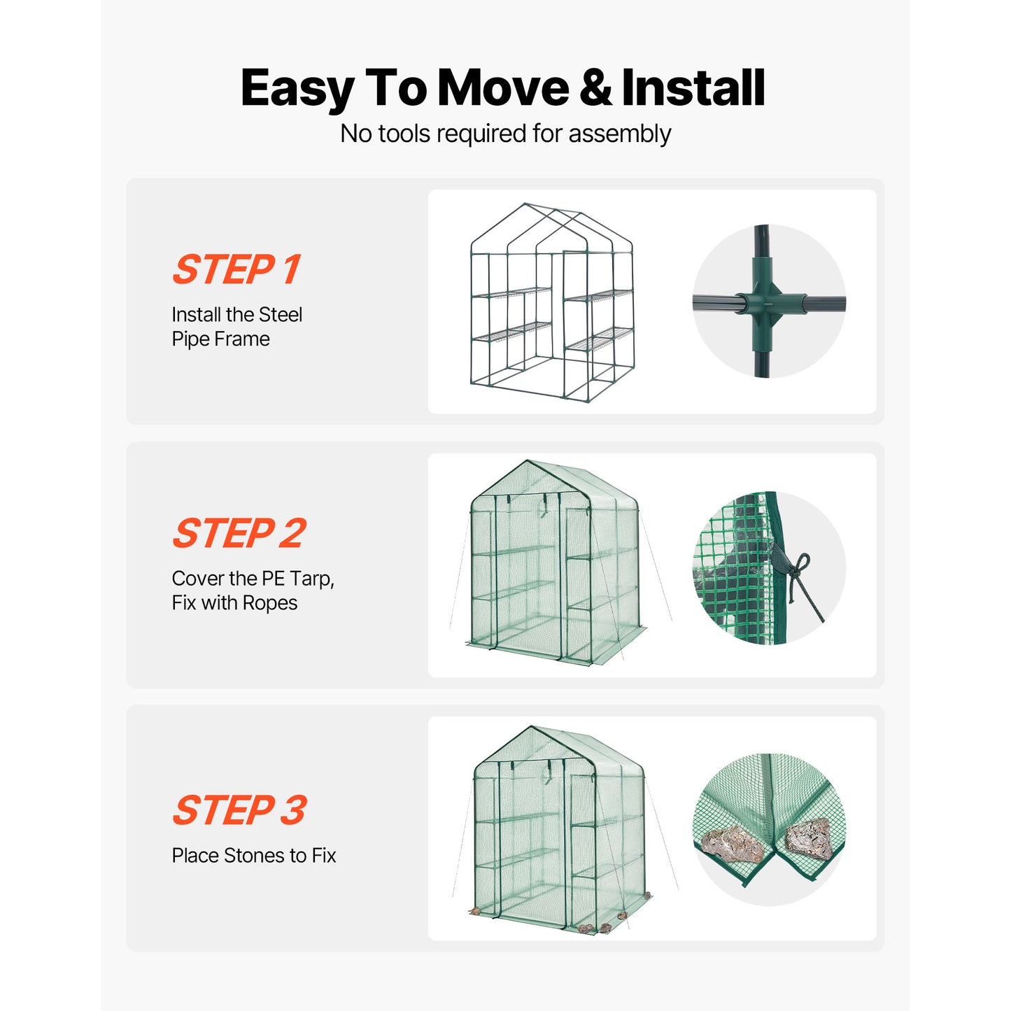 Walk-In Greenhouse with PE Cover, 2 Tiers, 8 Shelves, Roll-Up Door, Portable Garden Hot House