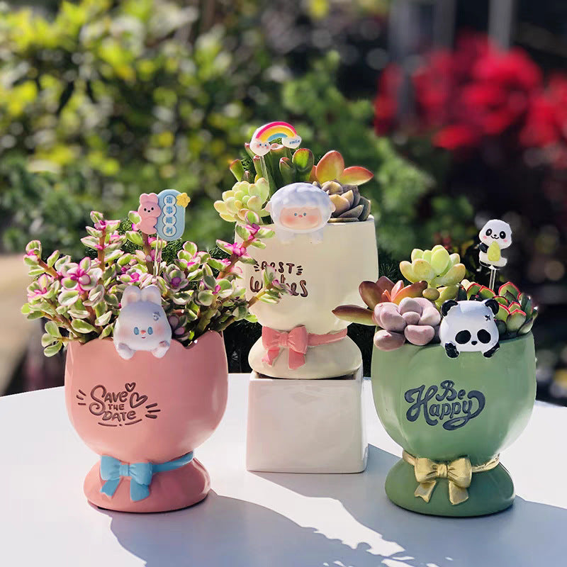 Resin Cartoon Animal Planters - Cute Succulent Flower Pots in Rabbit, Lamb, Cat & Panda Styles