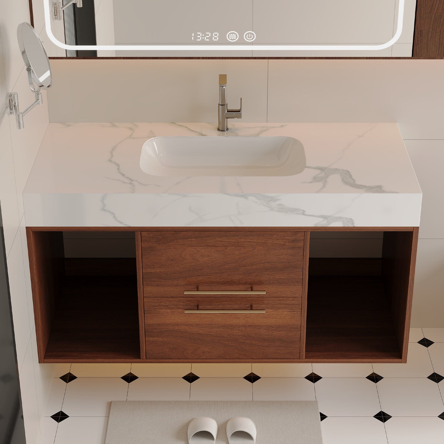 39.4" Floating Bathroom Vanity with Ceramic Sink & 2 Drawers - Walnut/White