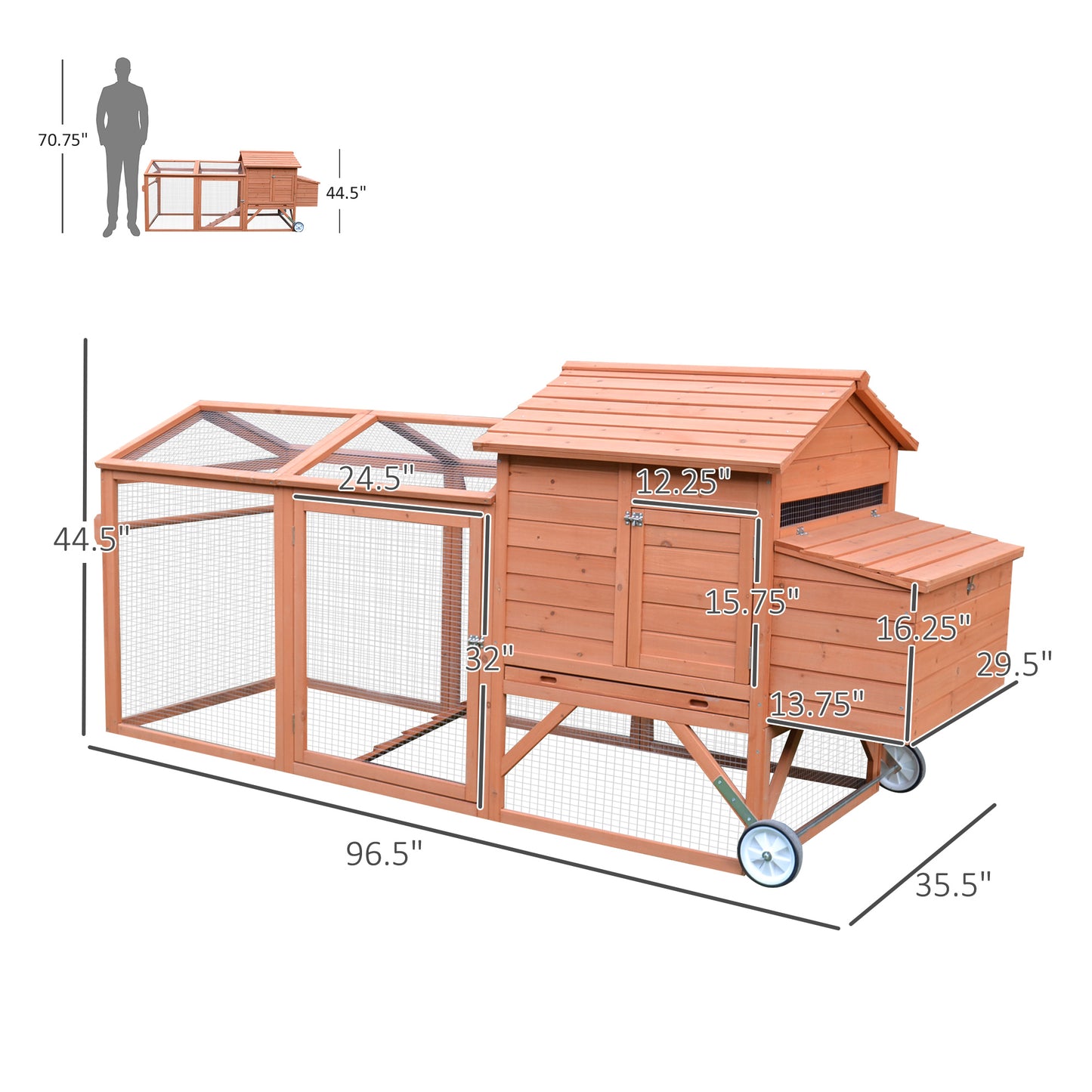 Wooden Chicken Coop with Nesting Box and Wheels - Outdoor Poultry Cage, 96.5 Inches