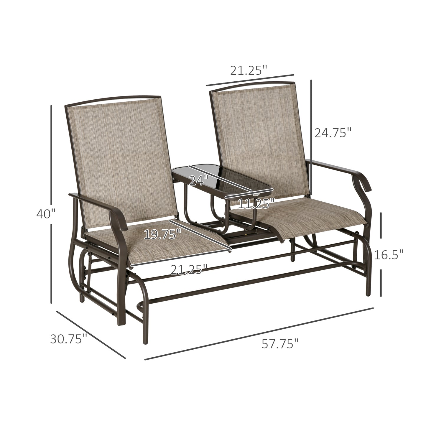 Two-Person Outdoor Glider Bench with Center Table - Brown