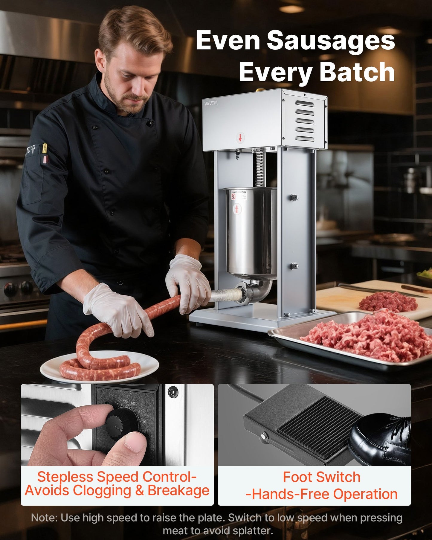 Electric Sausage Stuffer 22 Lbs Vertical Meat Filler with Stepless Speed Control - Stainless Steel, 4 Tubes, Foot Pedal, Commercial & Home Use - Black