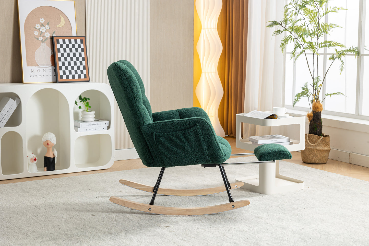 Teddy Fabric Rocking Chair with Adjustable Footstool - Green