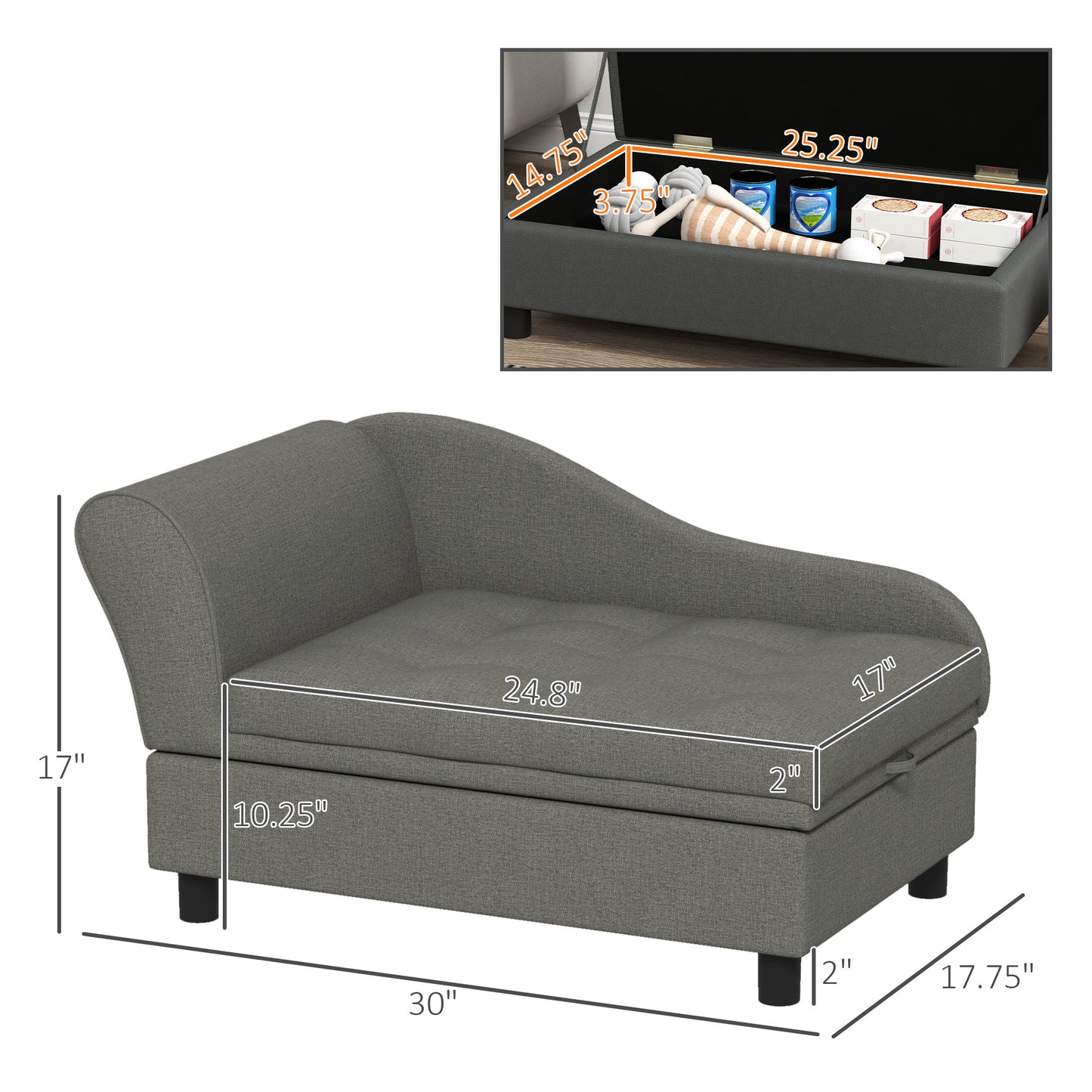 Pet Sofa Bed for Small Dogs with Storage - Gray, 740x485x165 mm