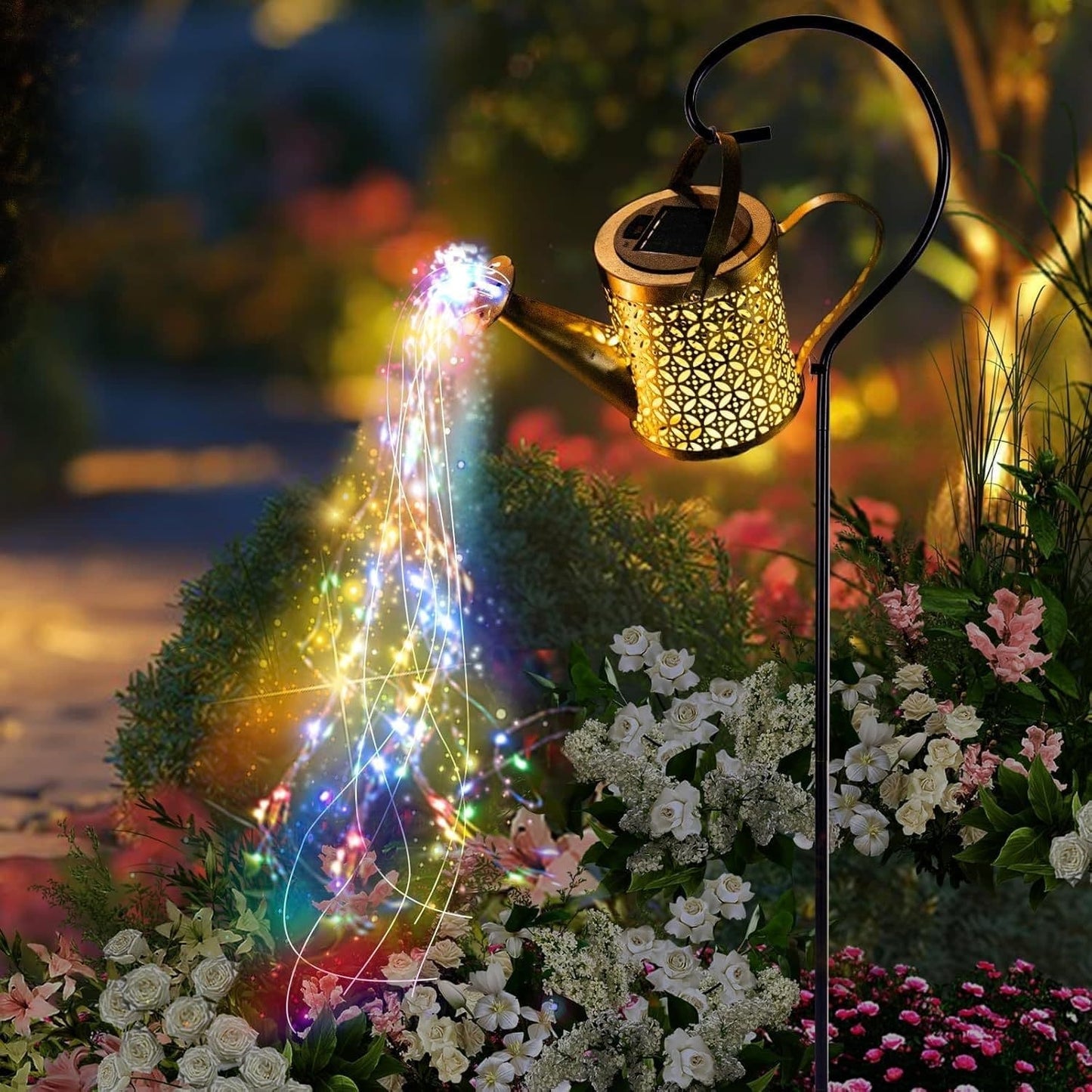 Outdoor Solar Watering Can Lantern String Lights Garden Decor Waterproof Metal Kettle
