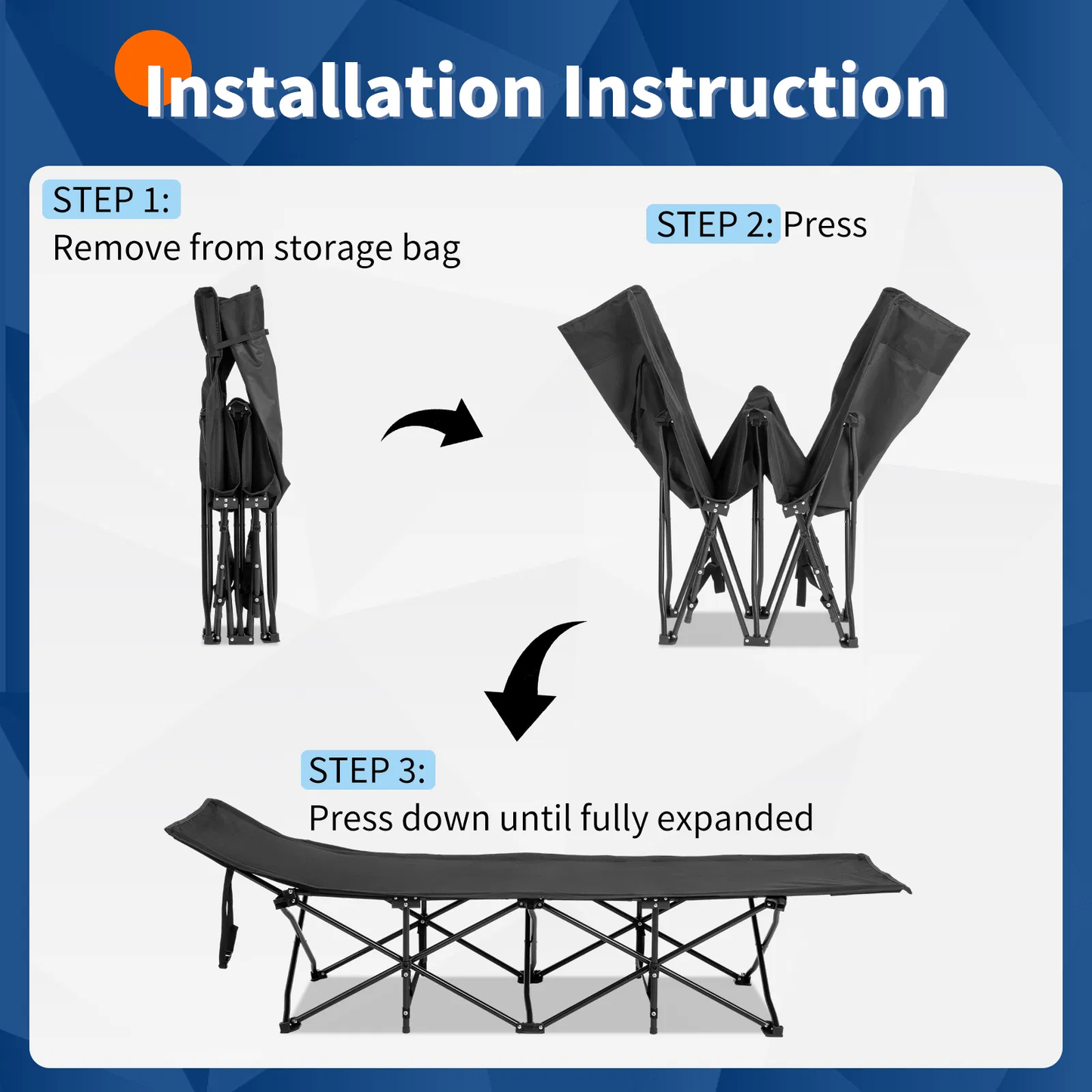 Folding Camping Cot Bed with Soft Pad - Portable Black Cot