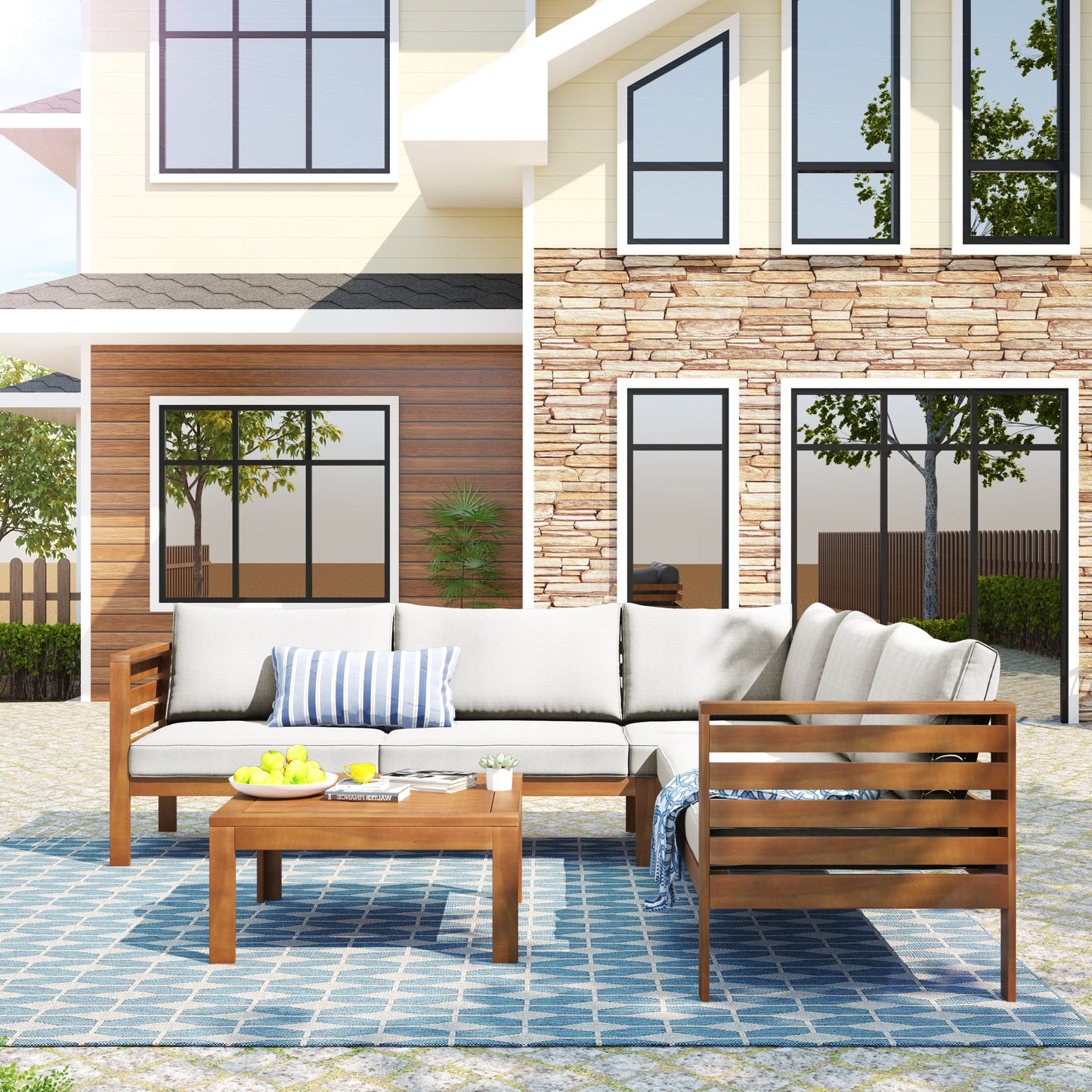 Wood Structure Outdoor Sofa Set With Beige Cushions Exotic Design