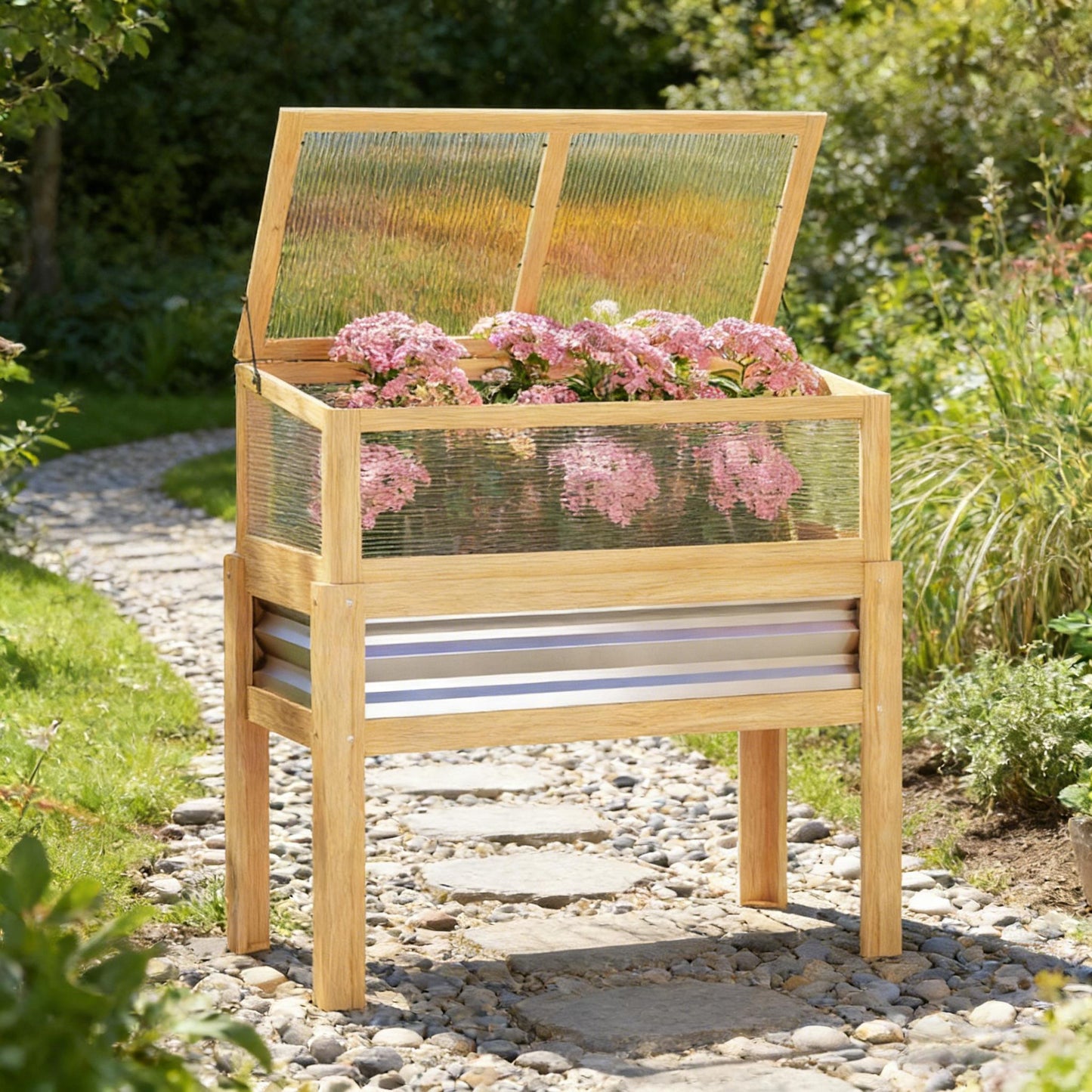 Elevated Raised Garden Bed with Cold Frame - Natural Wood
