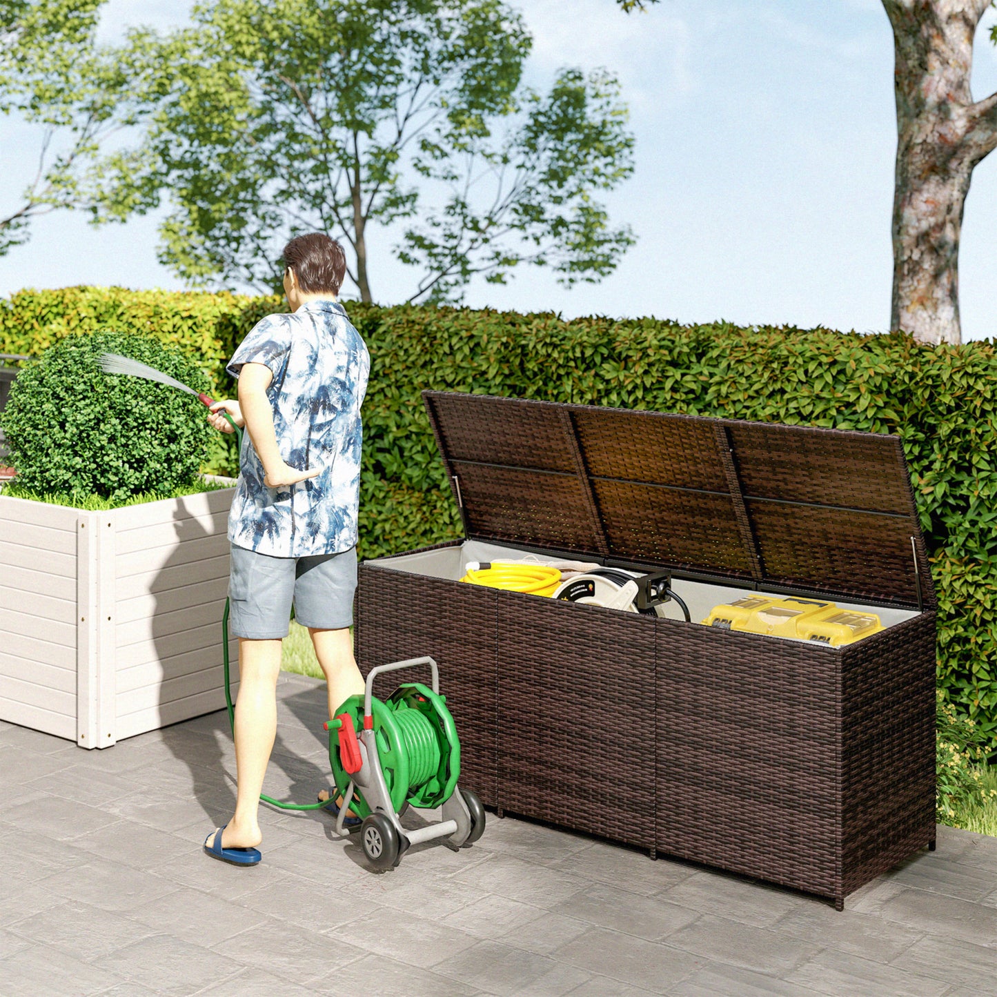 175 Gallon Outdoor Storage Box with PE Rattan and Pneumatic Lift