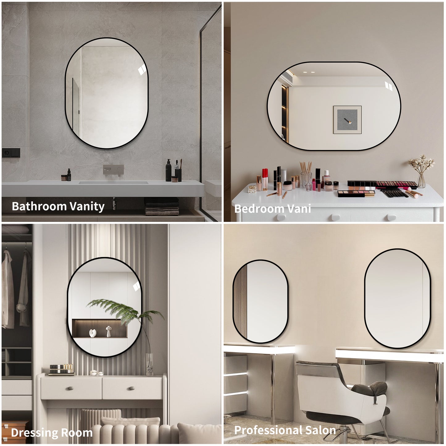 24x32 Framed Capsule Bathroom Mirror - Vertical Wall Mounted, Black