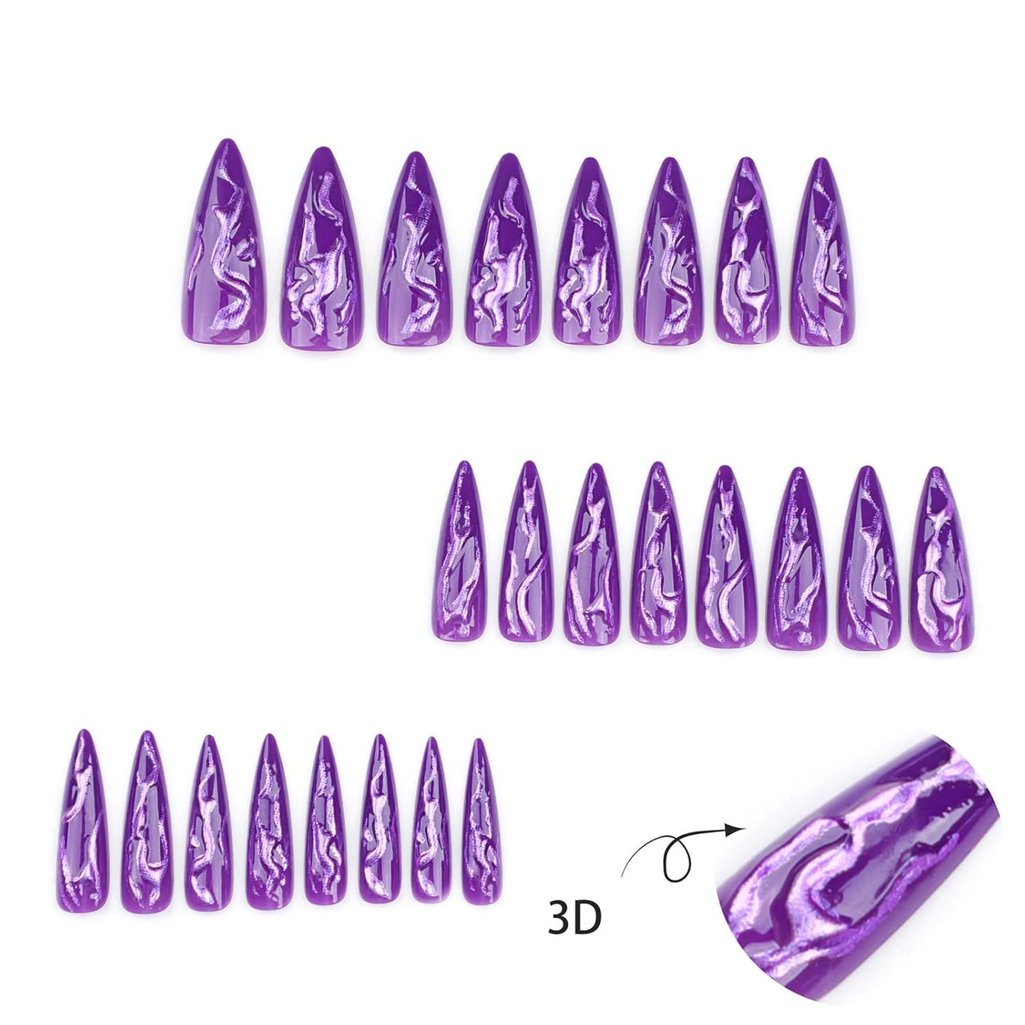 Long Stiletto Press-On Nails - Purple Glitter Devil's Claws 24-Piece Set