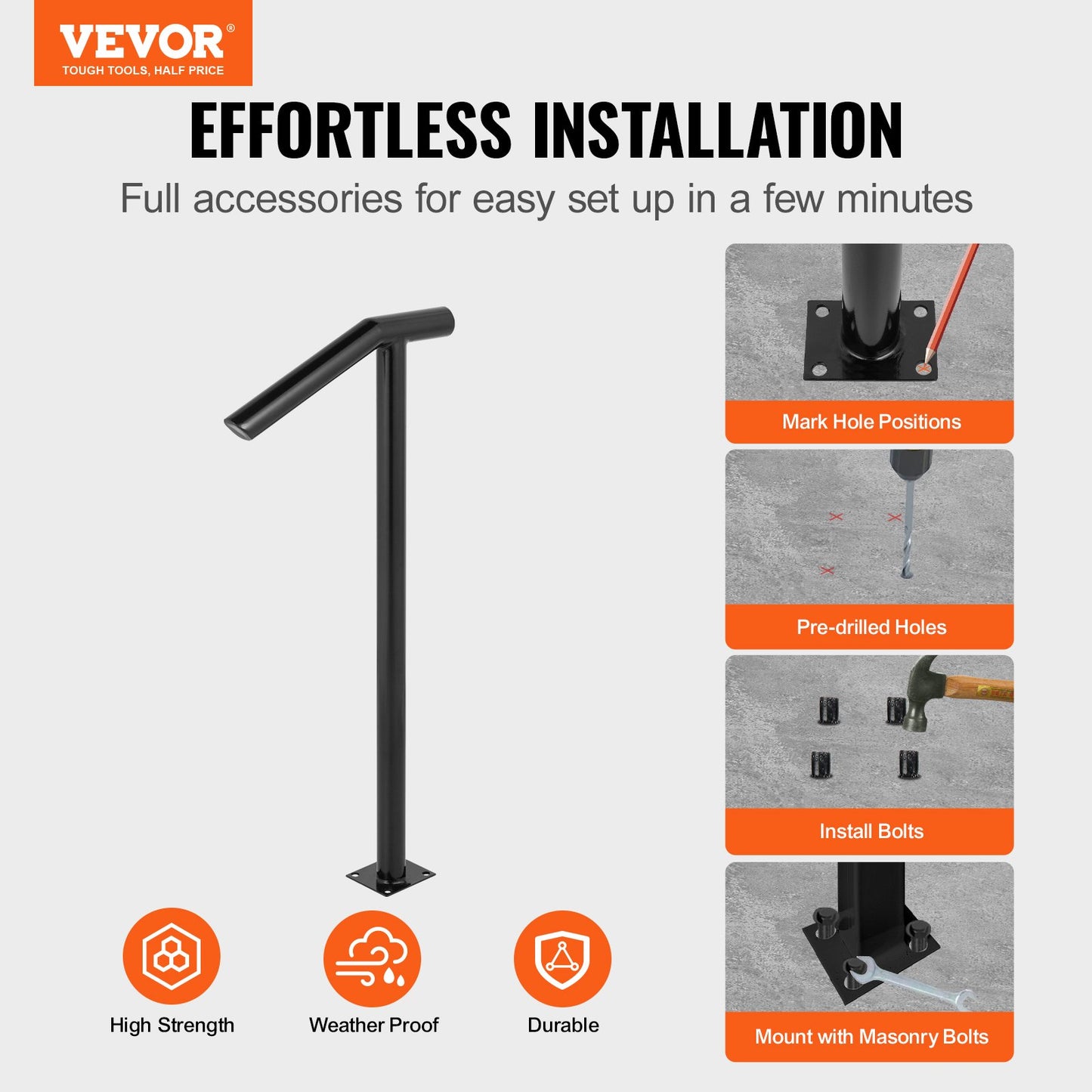 Black Steel Handrail for Outdoor Steps – 441LBS Capacity