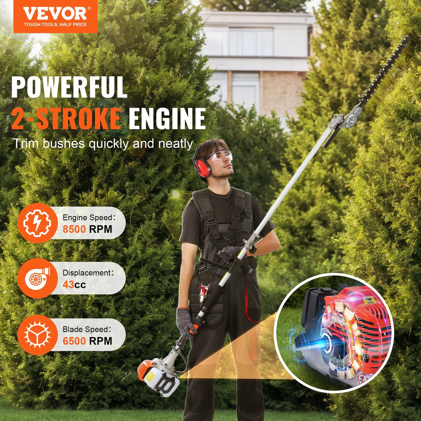 Multi-Function Garden Trimming Tools 43CC Gas Hedge Trimmer & Pole Saw