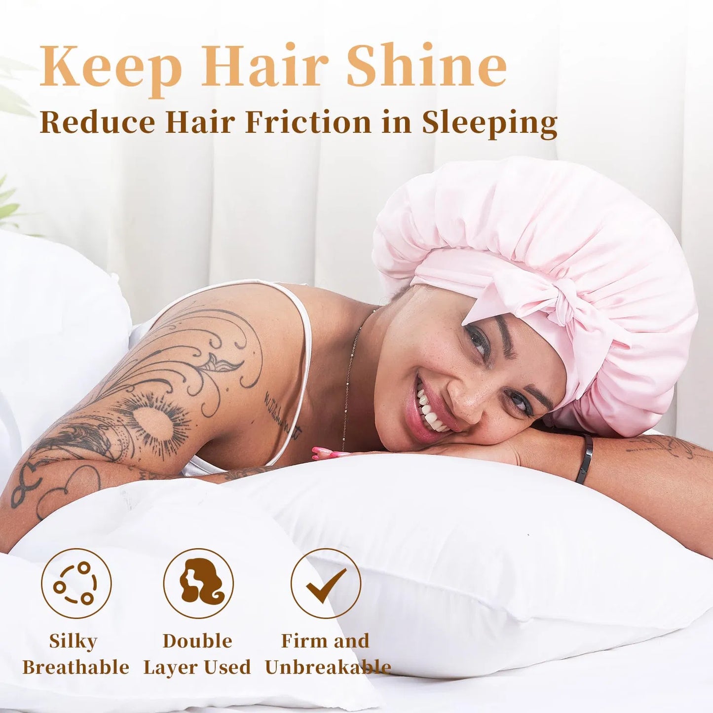 Satin Hair Bonnet for Sleeping - Adjustable Double-Layer Silk Cap - Pink