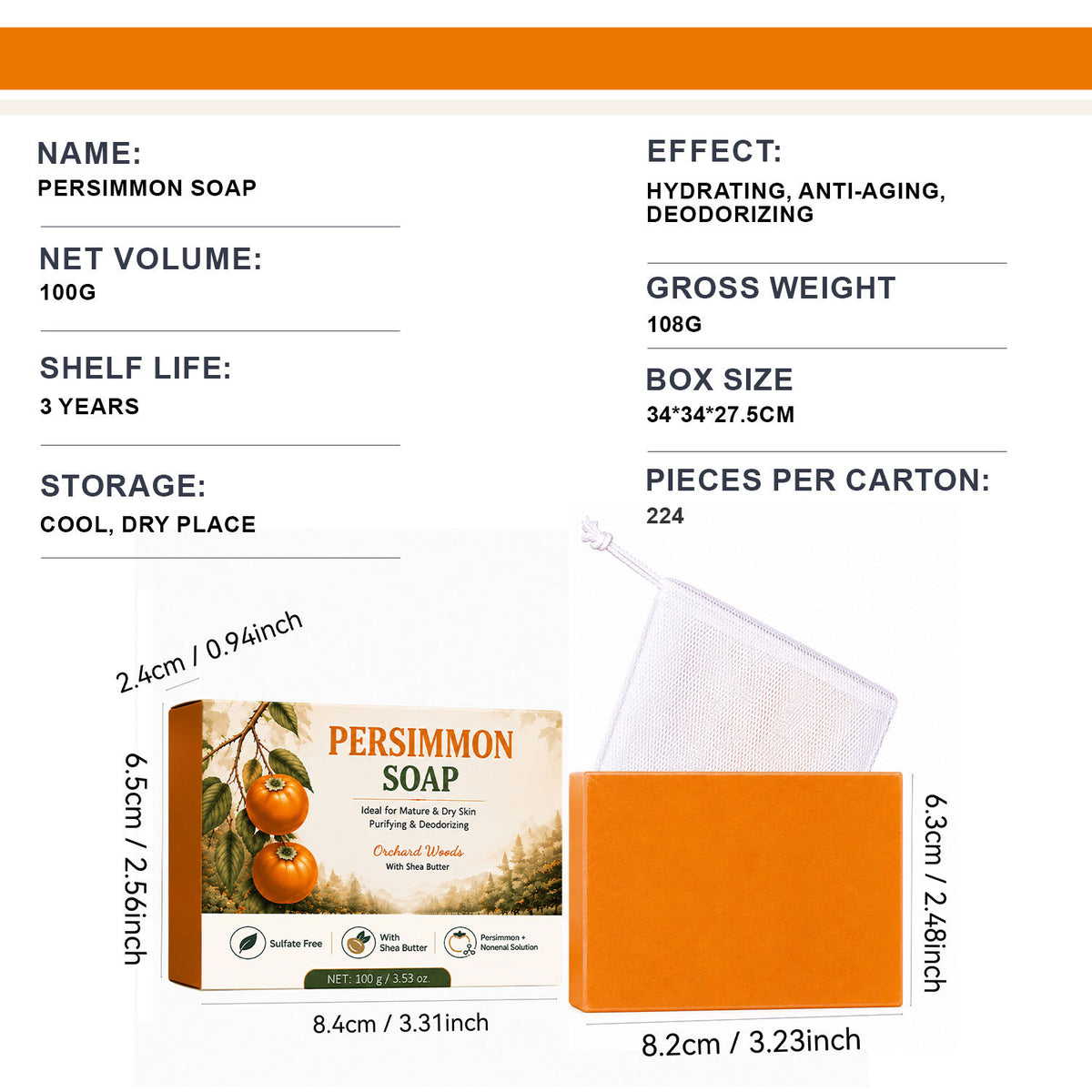 Persimmon Soap 100g | Natural Skin Care Bar for Face & Body - Multiple Quantities