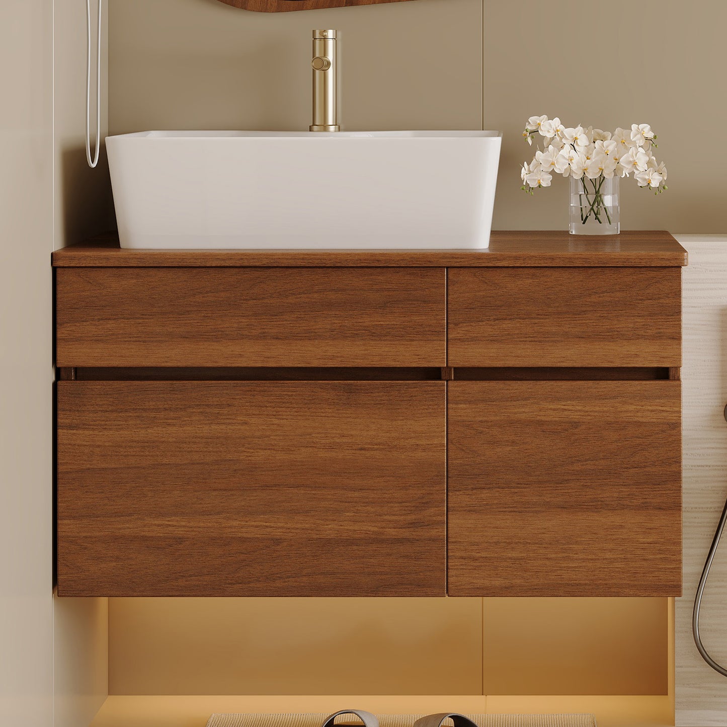 31.5-Inch Floating Bathroom Vanity with Sink - White & Walnut