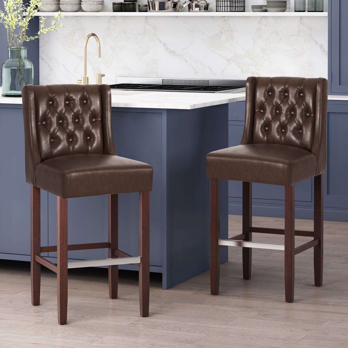 30.5-Inch Bar Stool with PU Upholstery & Metal Footrest - Dark Brown