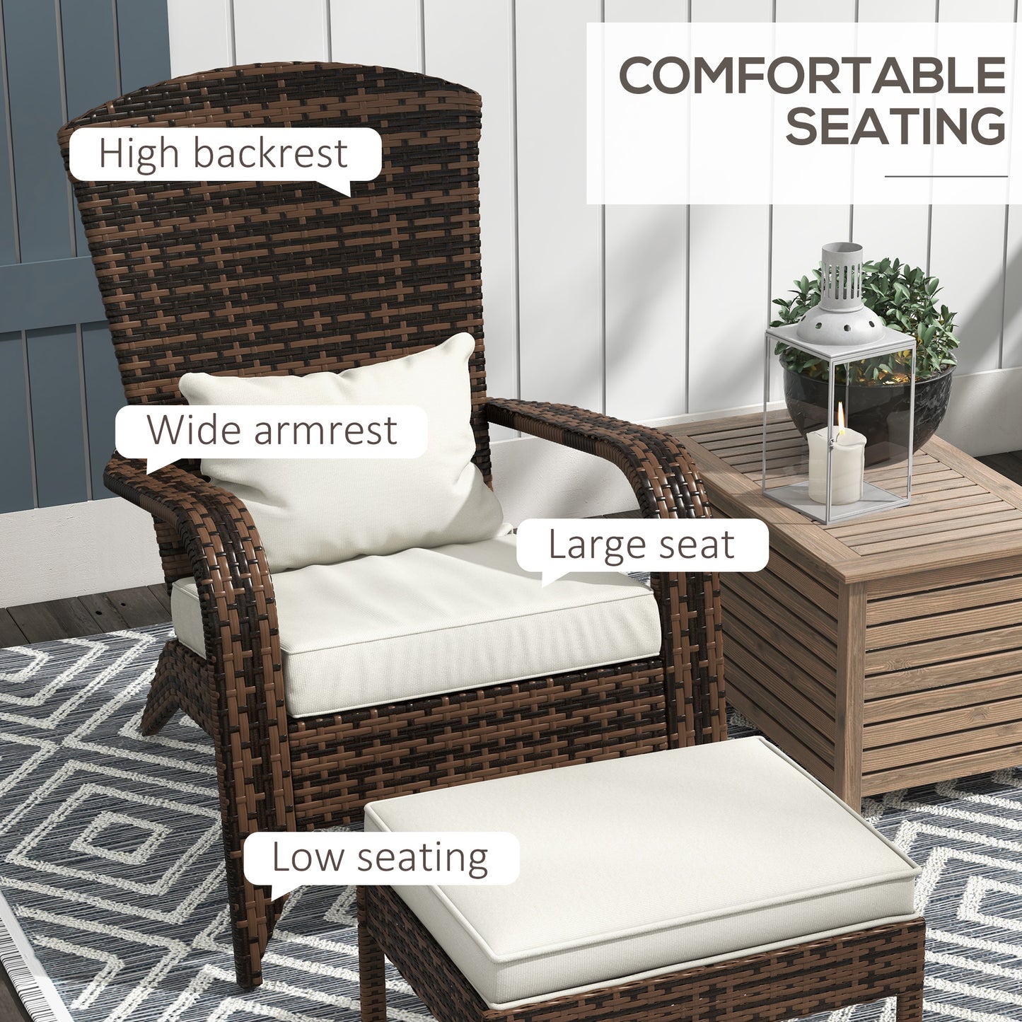 Wicker Adirondack Chair with Ottoman & Cushions - Cream White